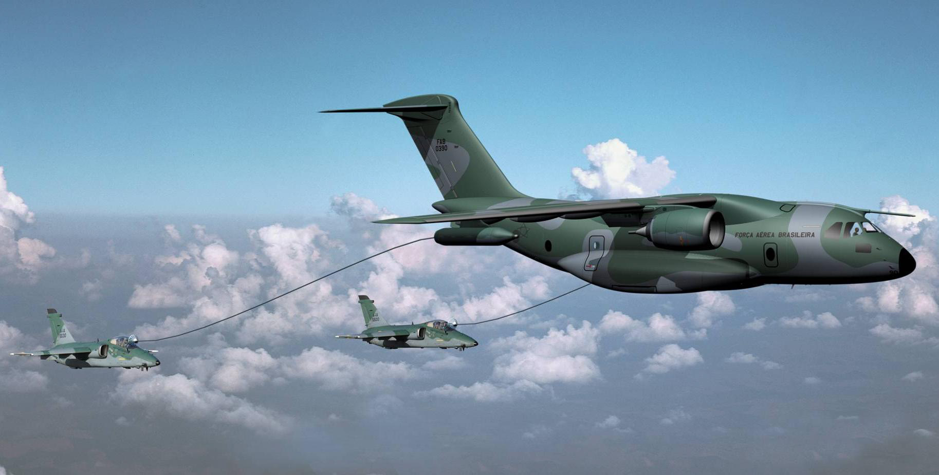 Rendering of KC390 tanking two Embraer AMX fighters. Source: Embraer